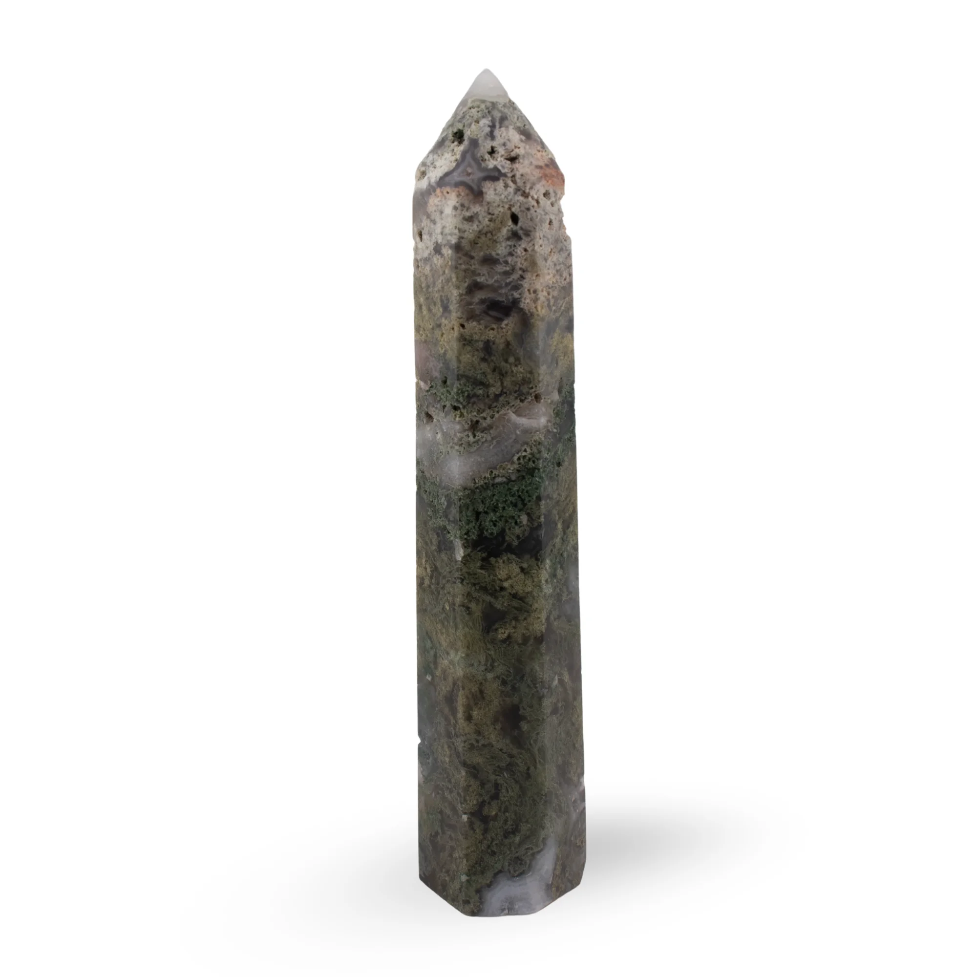 Moss agate tower white background
