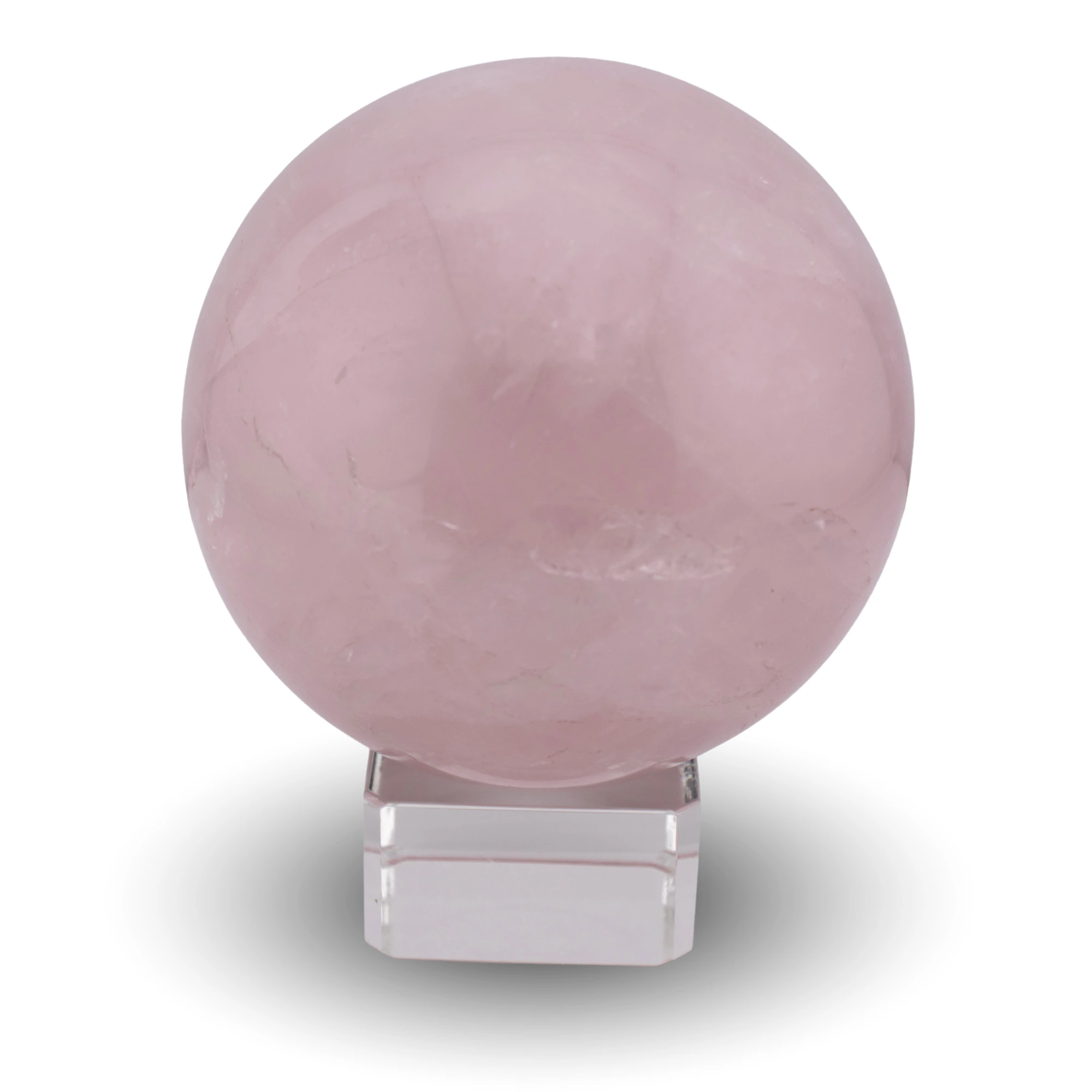 Rose quartz sphere on glass stand