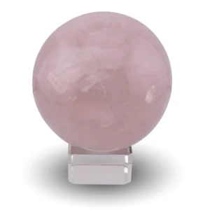 Rose quartz sphere on glass stand