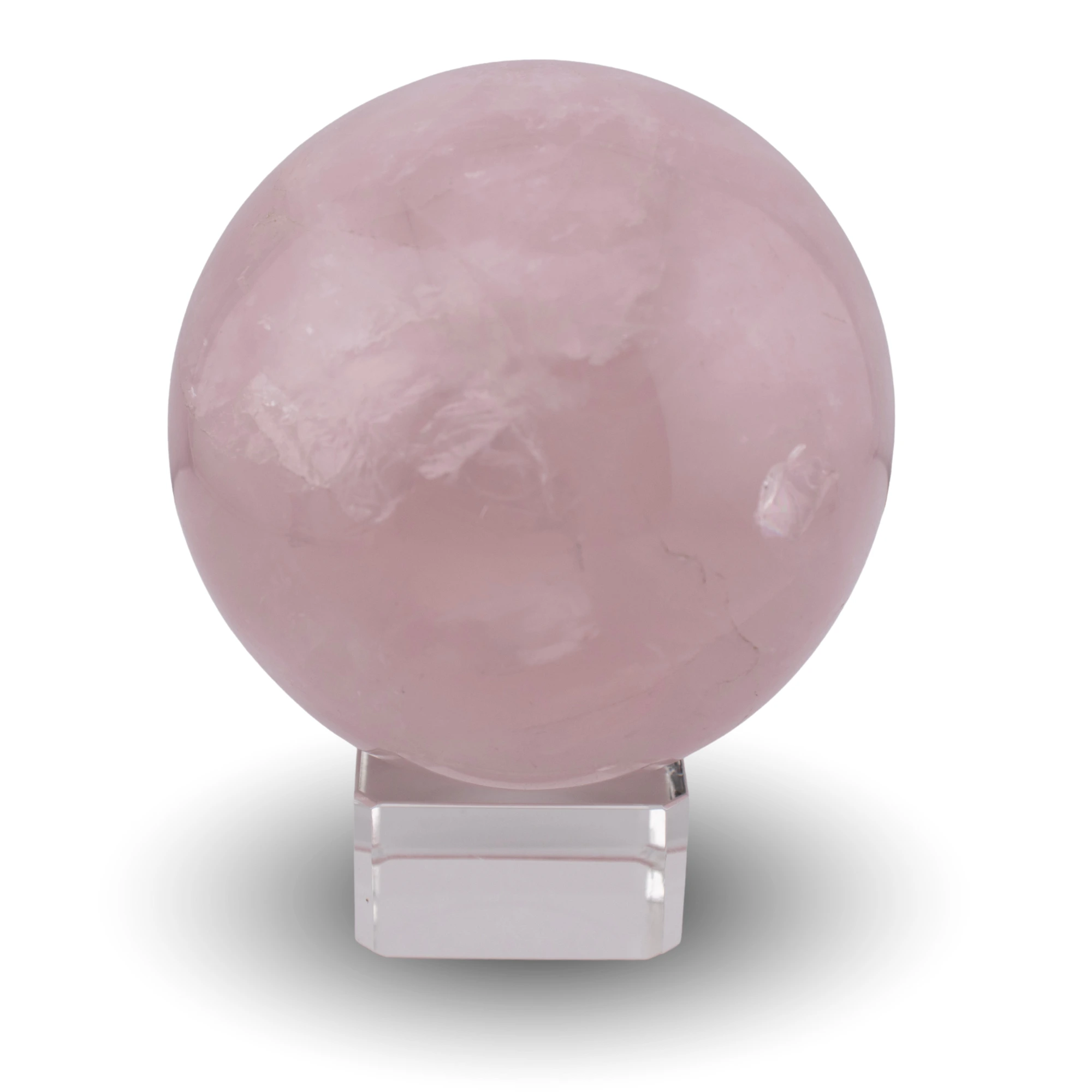 Rose quartz sphere on glass stand