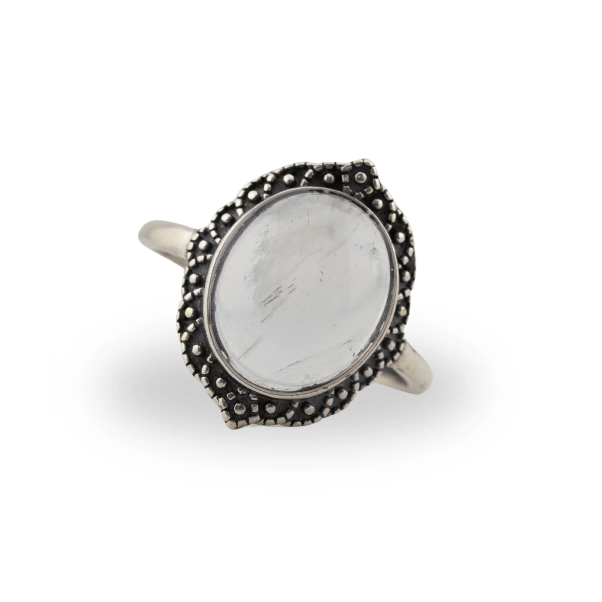 Ring with large moonstone ring in a lotus style frame