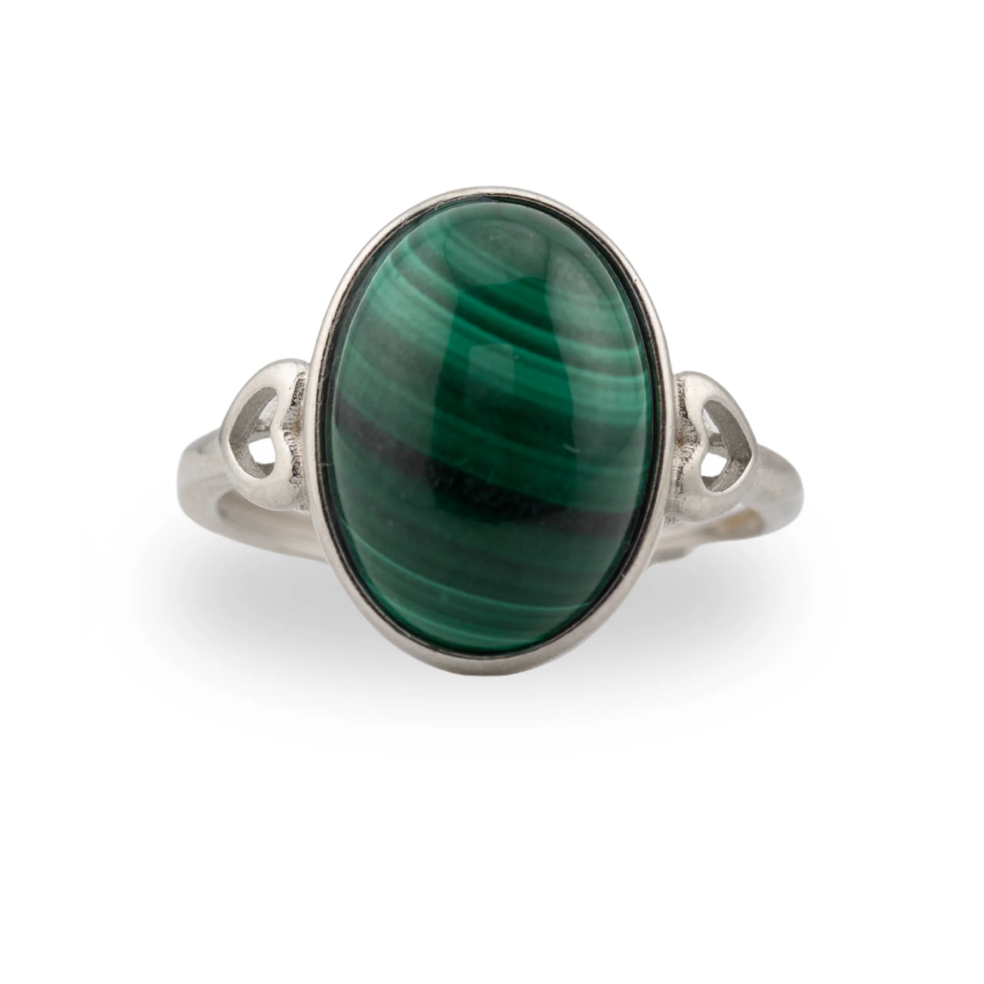 ring with large malachite stone with a silver heart on each side