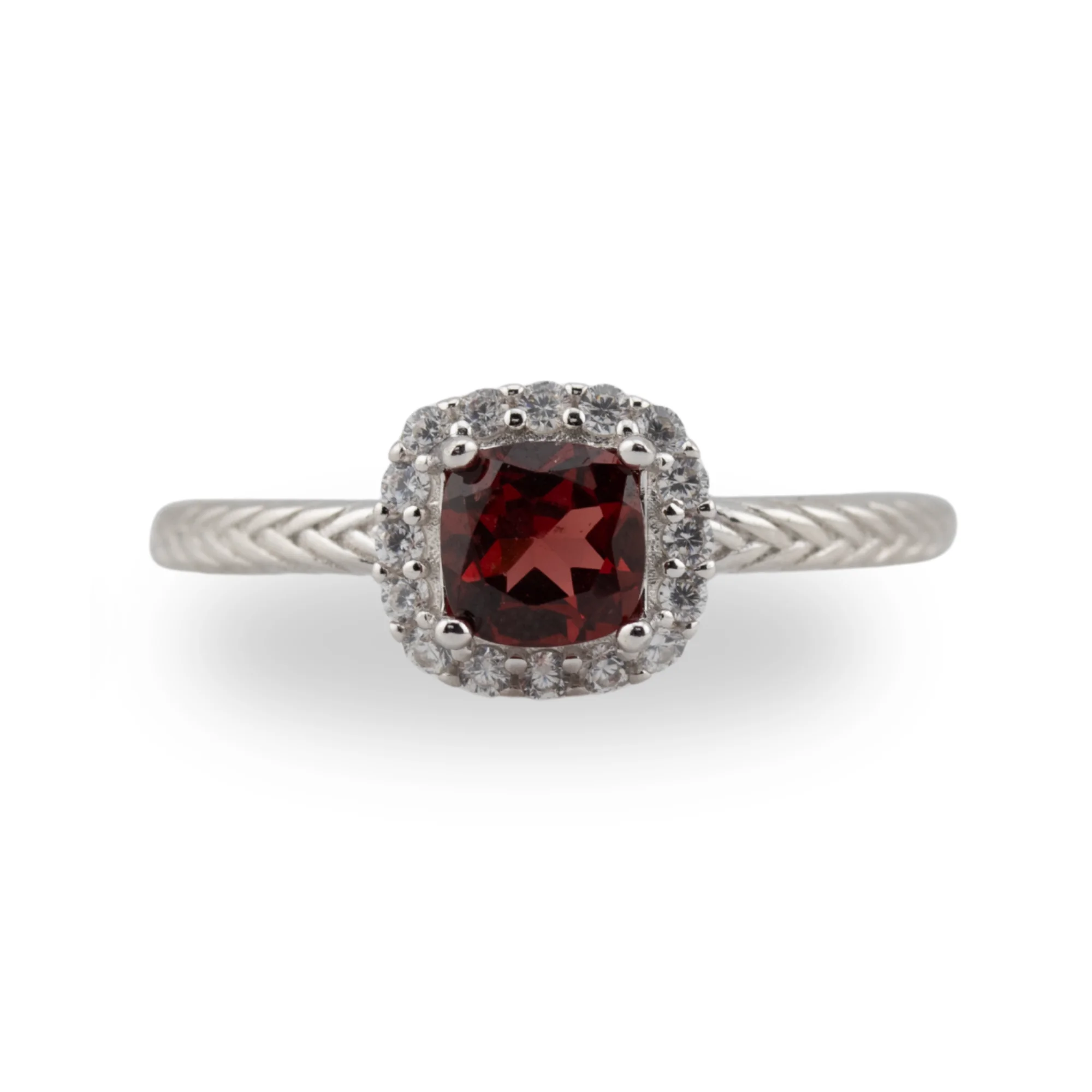 Faceted natural Garnet gemstone centrepiece Surrounded by diamond-cut cubic zirconia