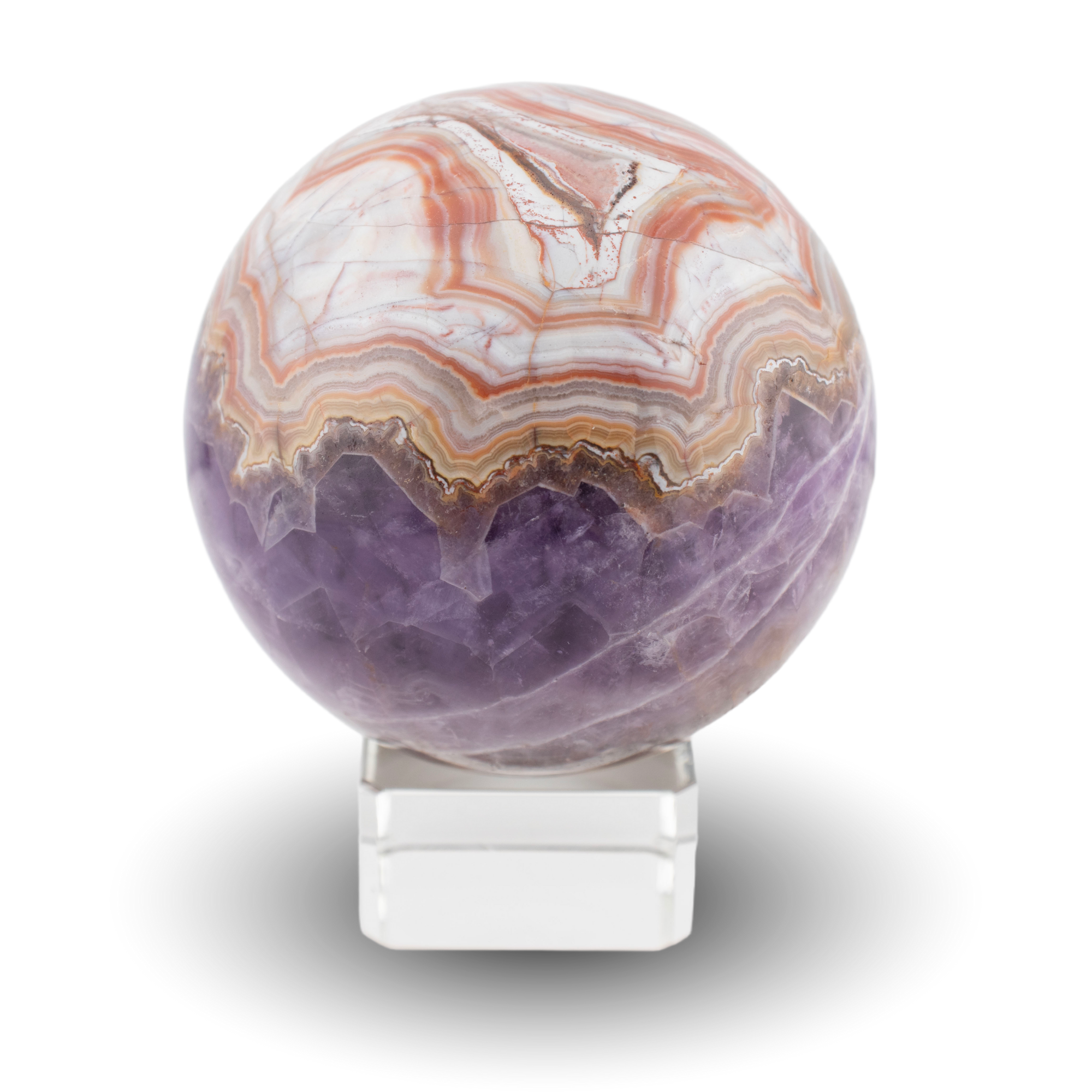 Amethyst agate sphere on glass stand