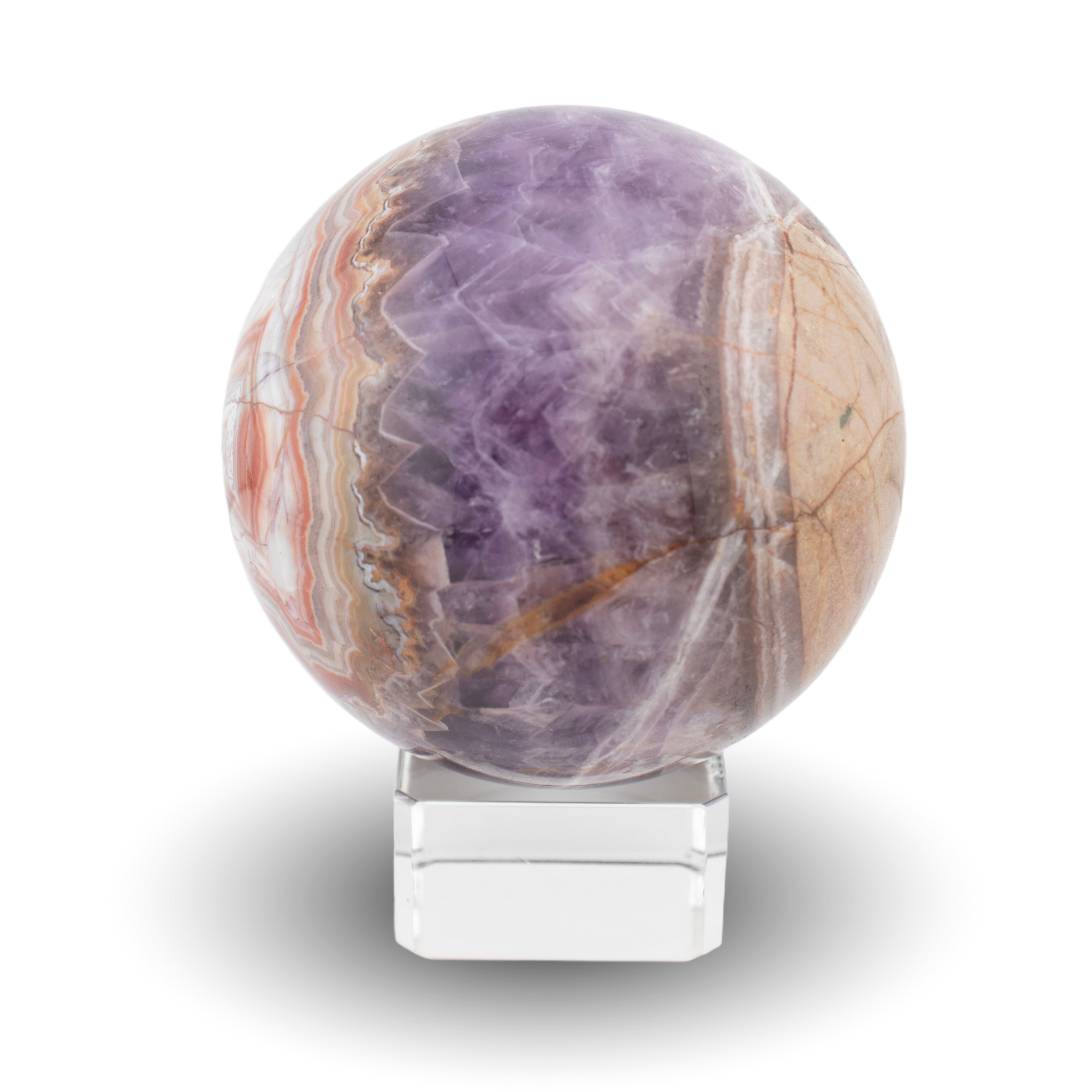 Amethyst agate sphere on glass stand
