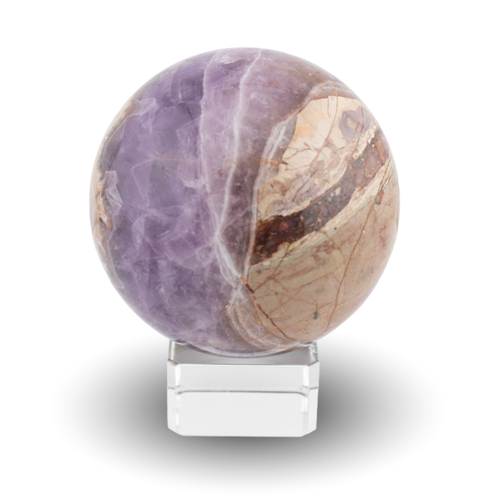 Amethyst agate sphere on glass stand