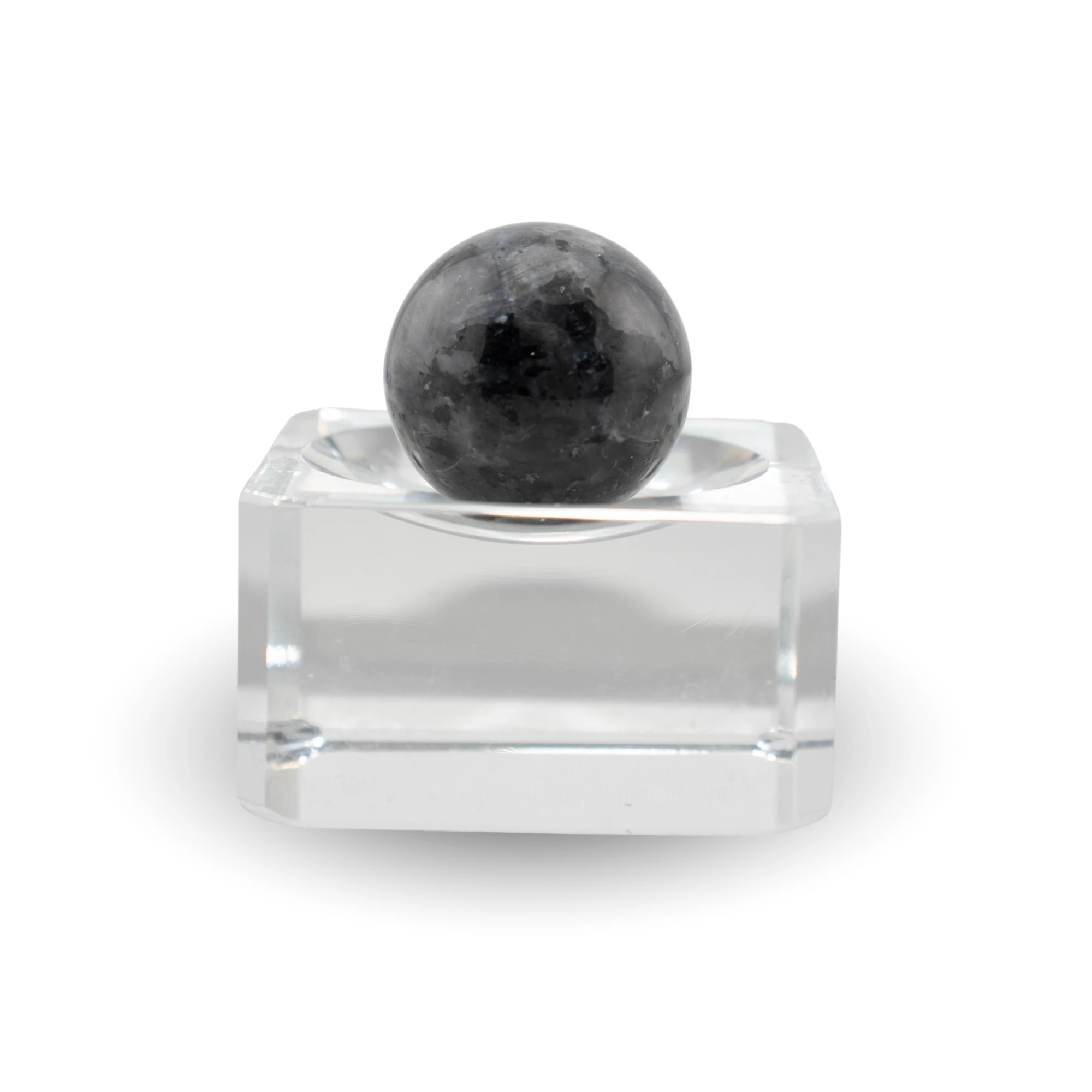 Black Labradorite mini sphere in a glass stand