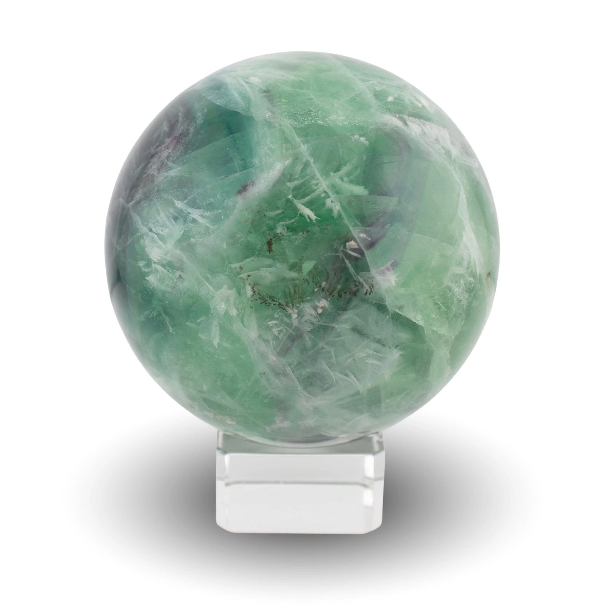 Feather fluorite sphere on glass stand