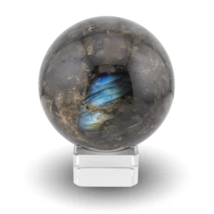 Labradorite sphere on glass stand