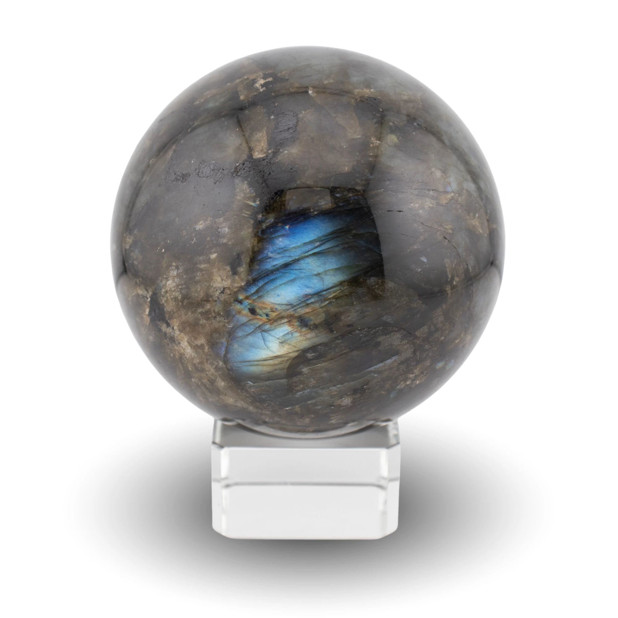 Labradorite sphere on glass stand