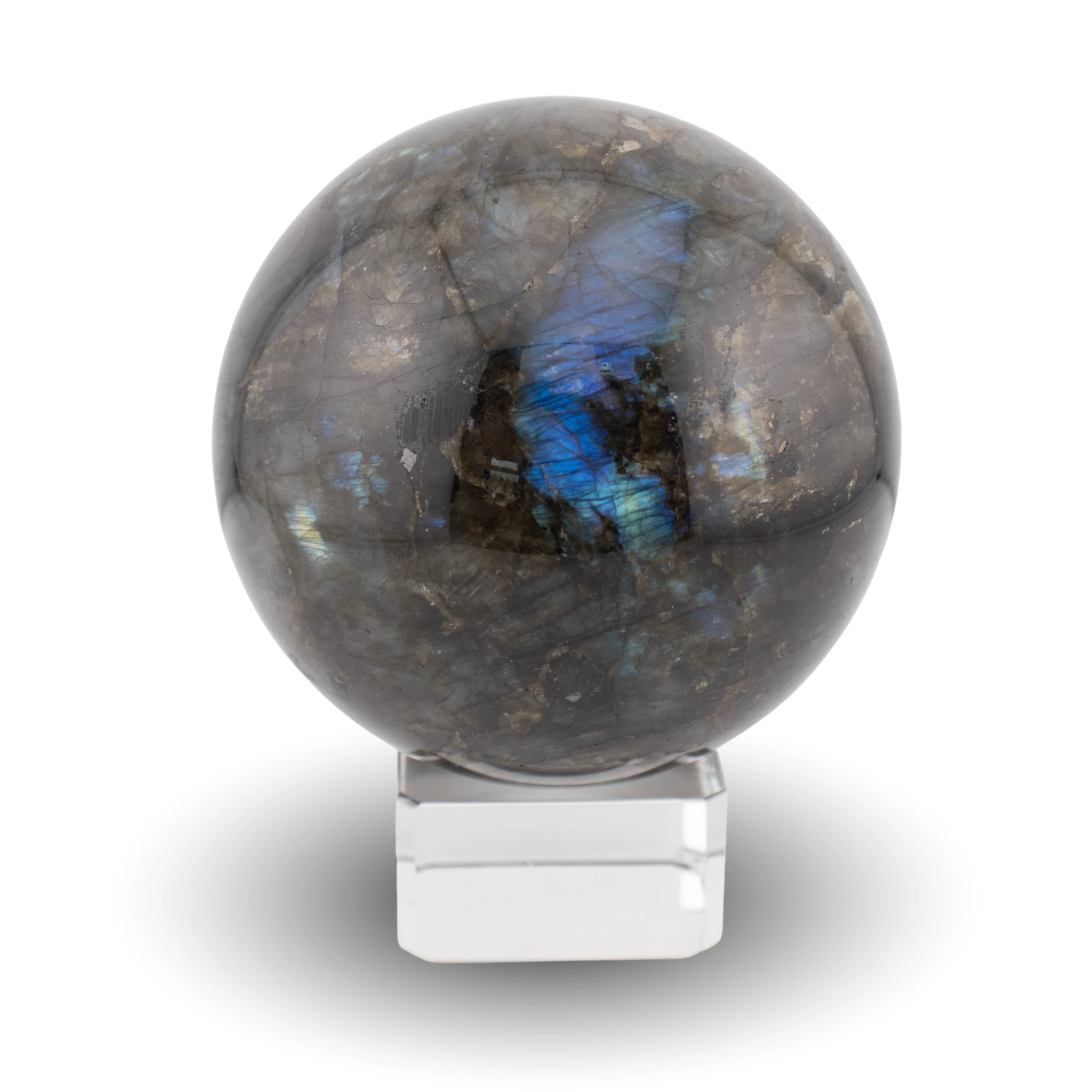 Labradorite sphere on glass stand