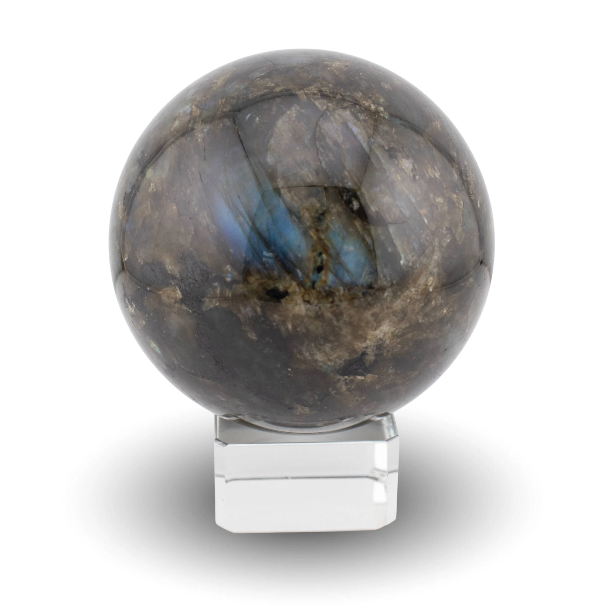 Labradorite sphere on glass stand