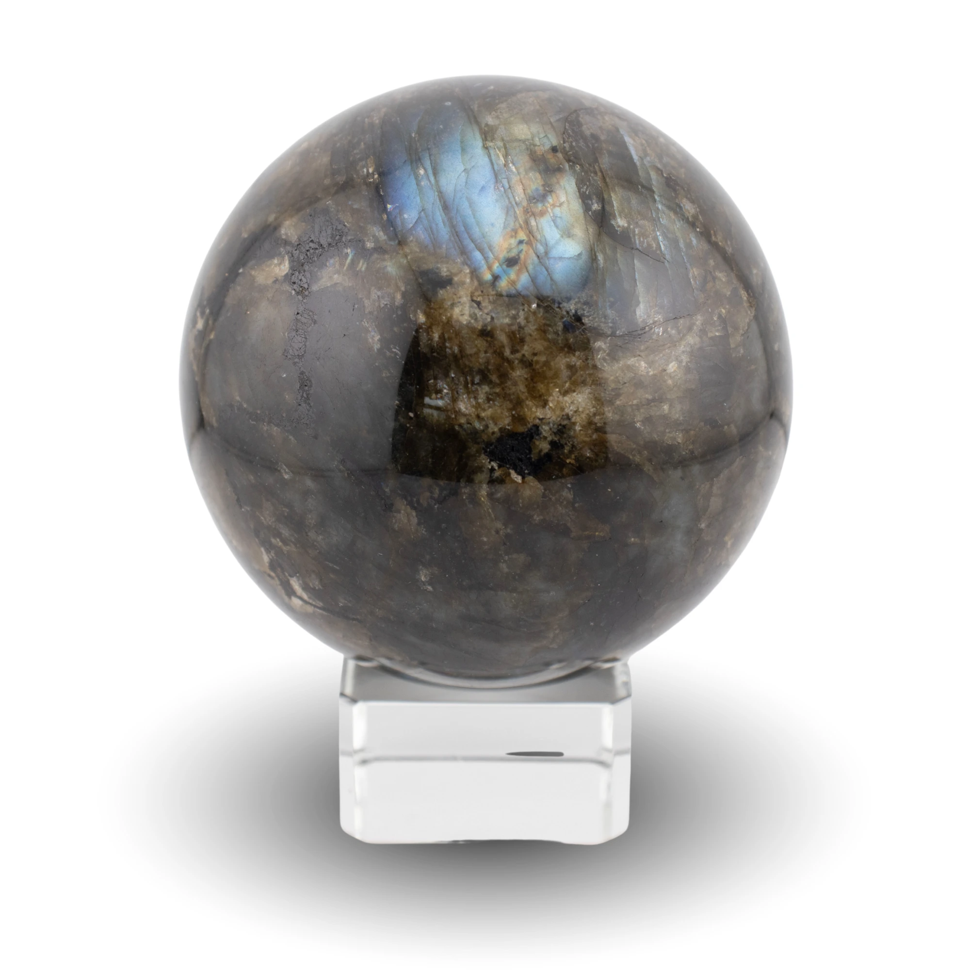 Labradorite sphere on glass stand