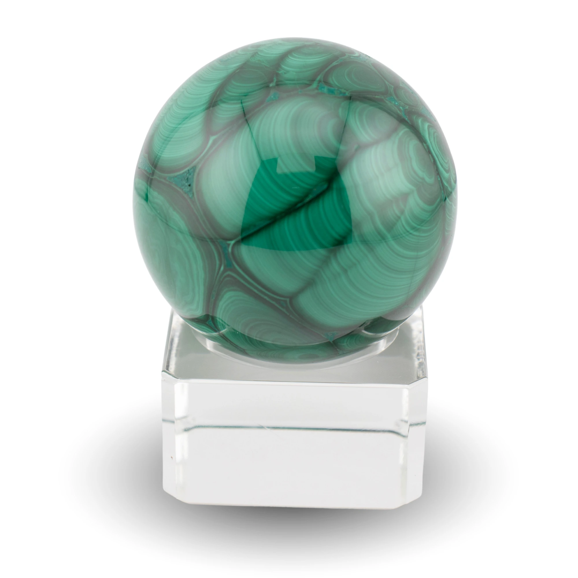Malachite sphere on glass stand