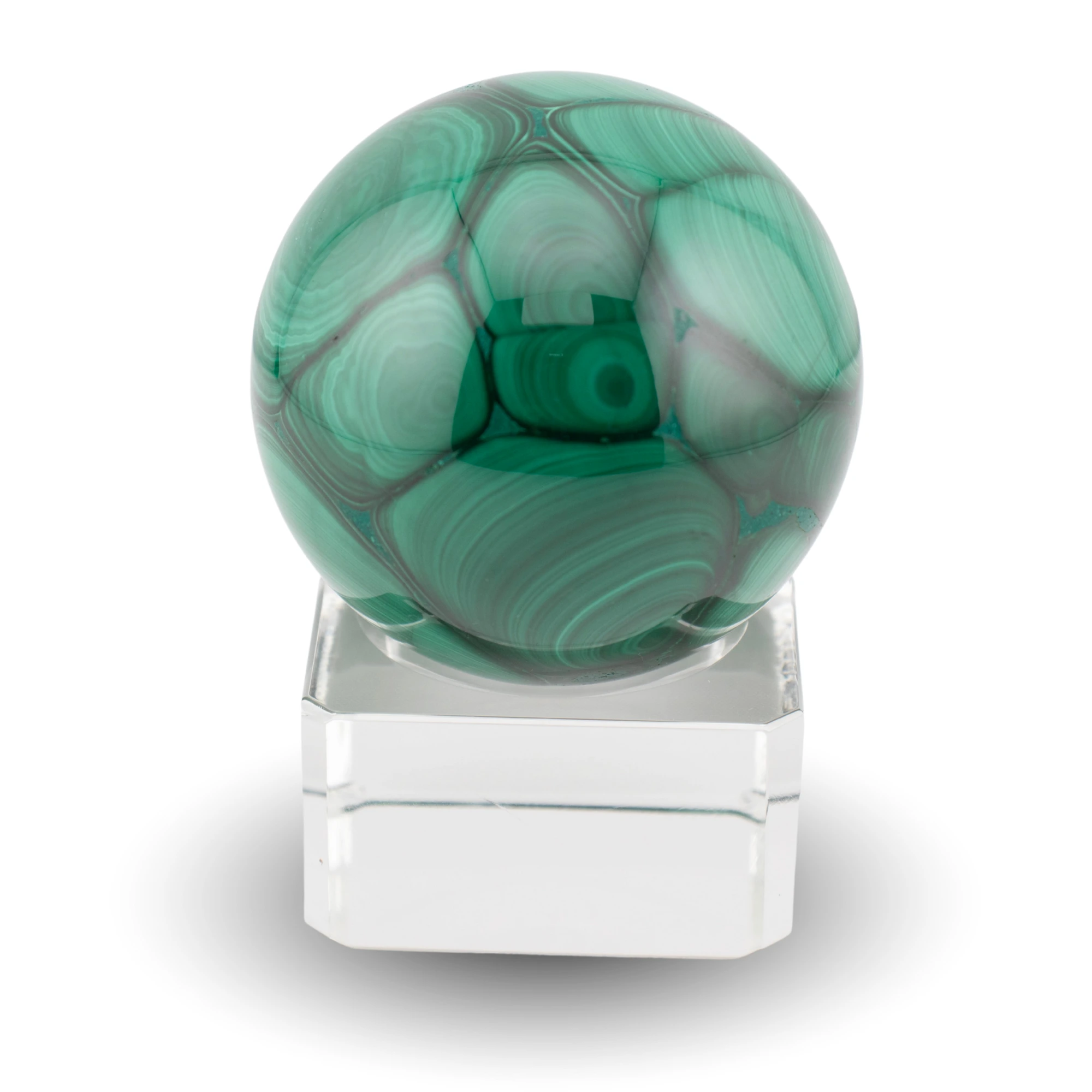 Malachite sphere on glass stand