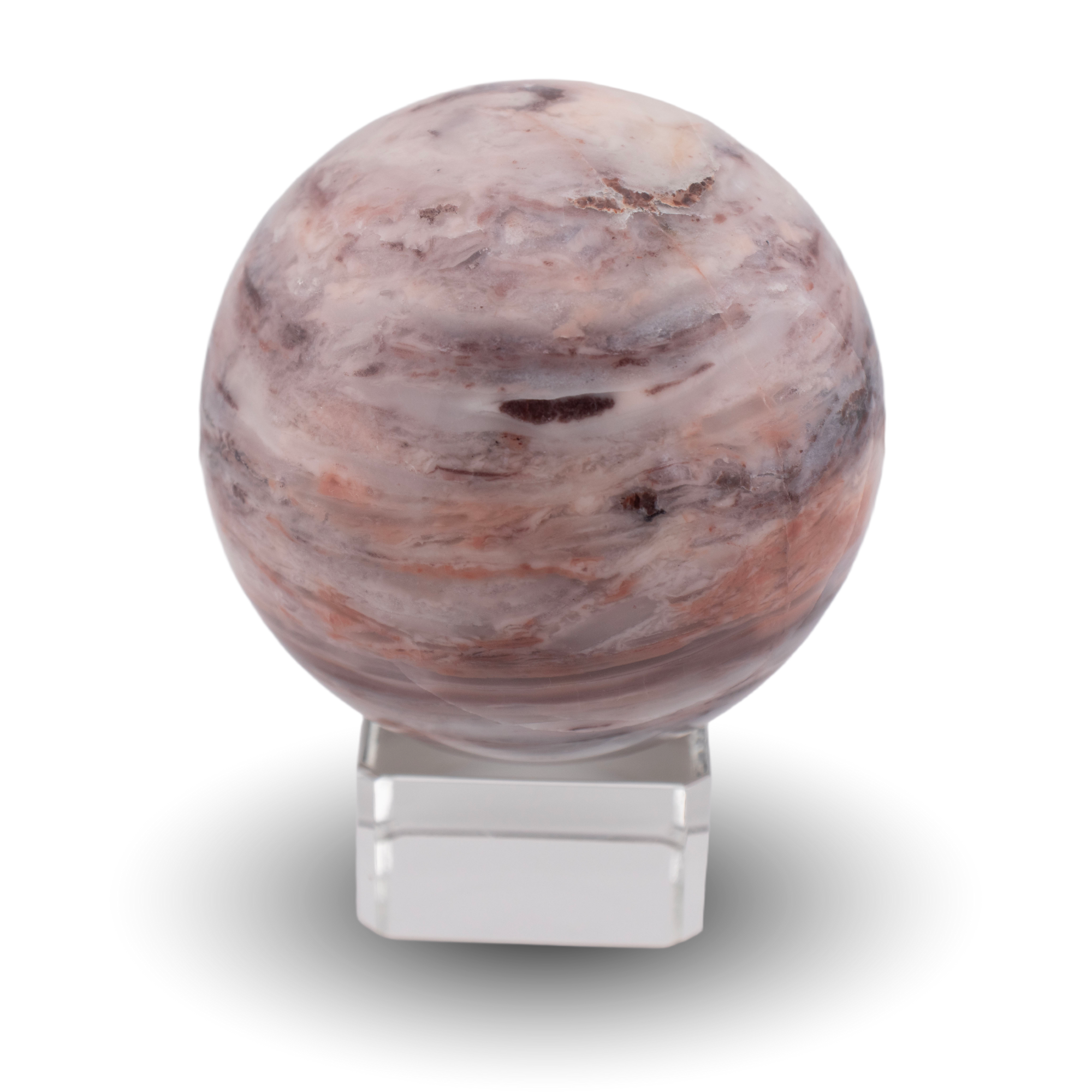 Peach agate sphere on glass stand
