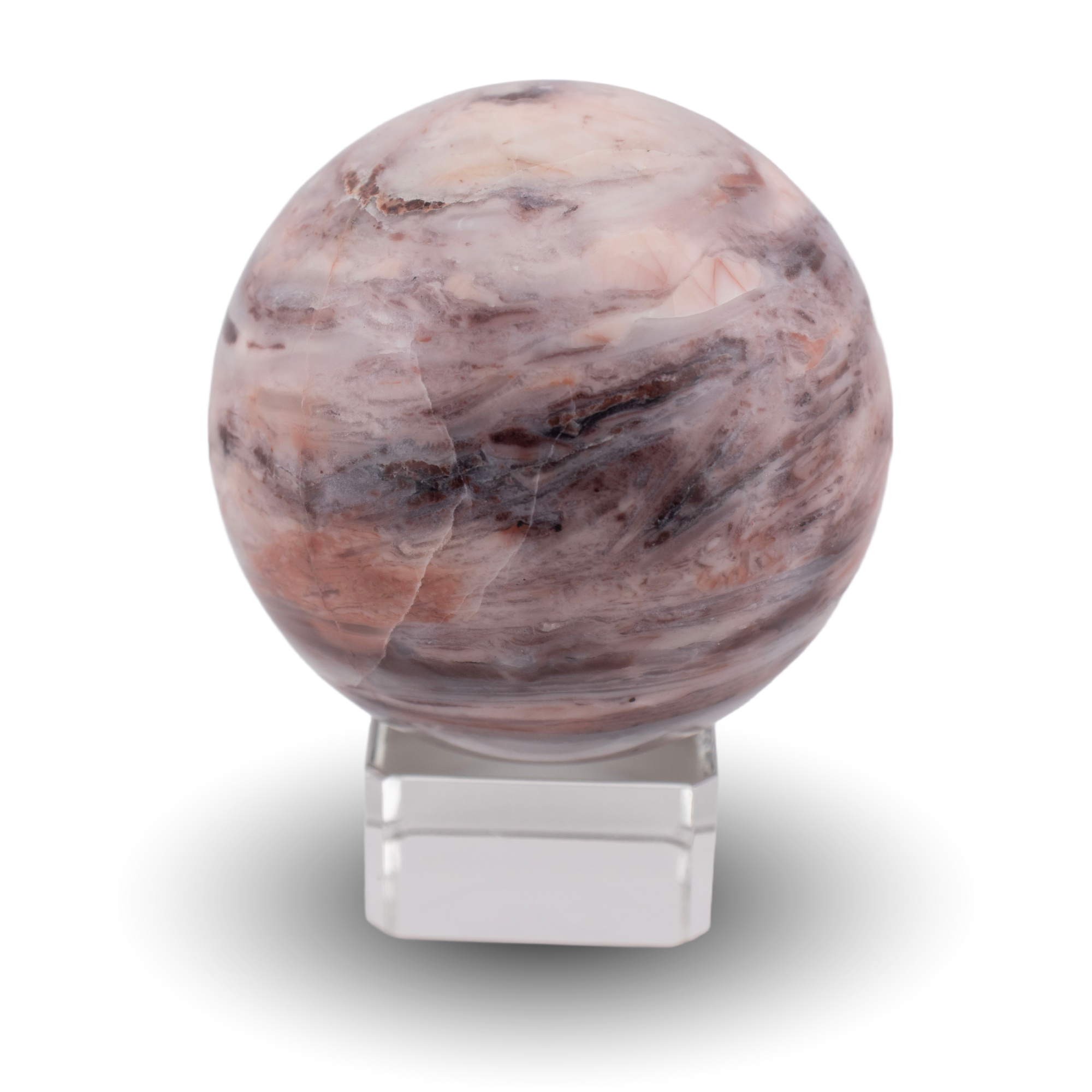 Peach agate sphere on glass stand