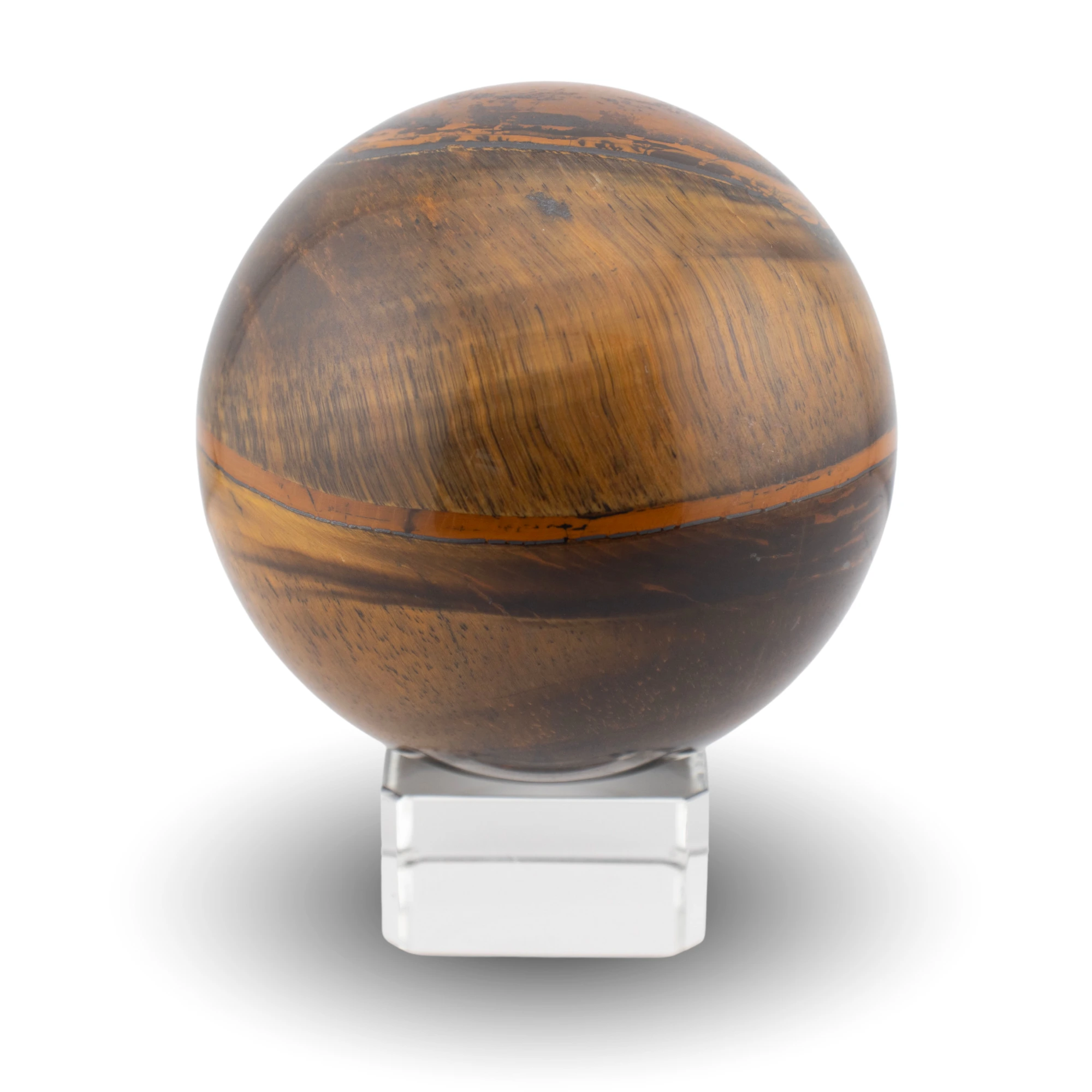 Tiger's eye sphere on glass stand