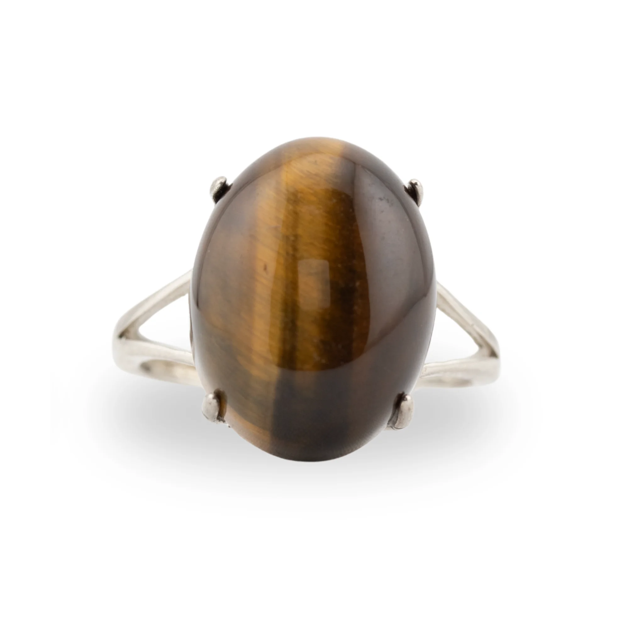 Silver ring with large tigers eye stone held in claw design