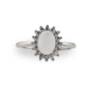 Silver Ring features a soft, glowing moonstone at its centre, encircled by a sparkling ring of cubic zirconia.