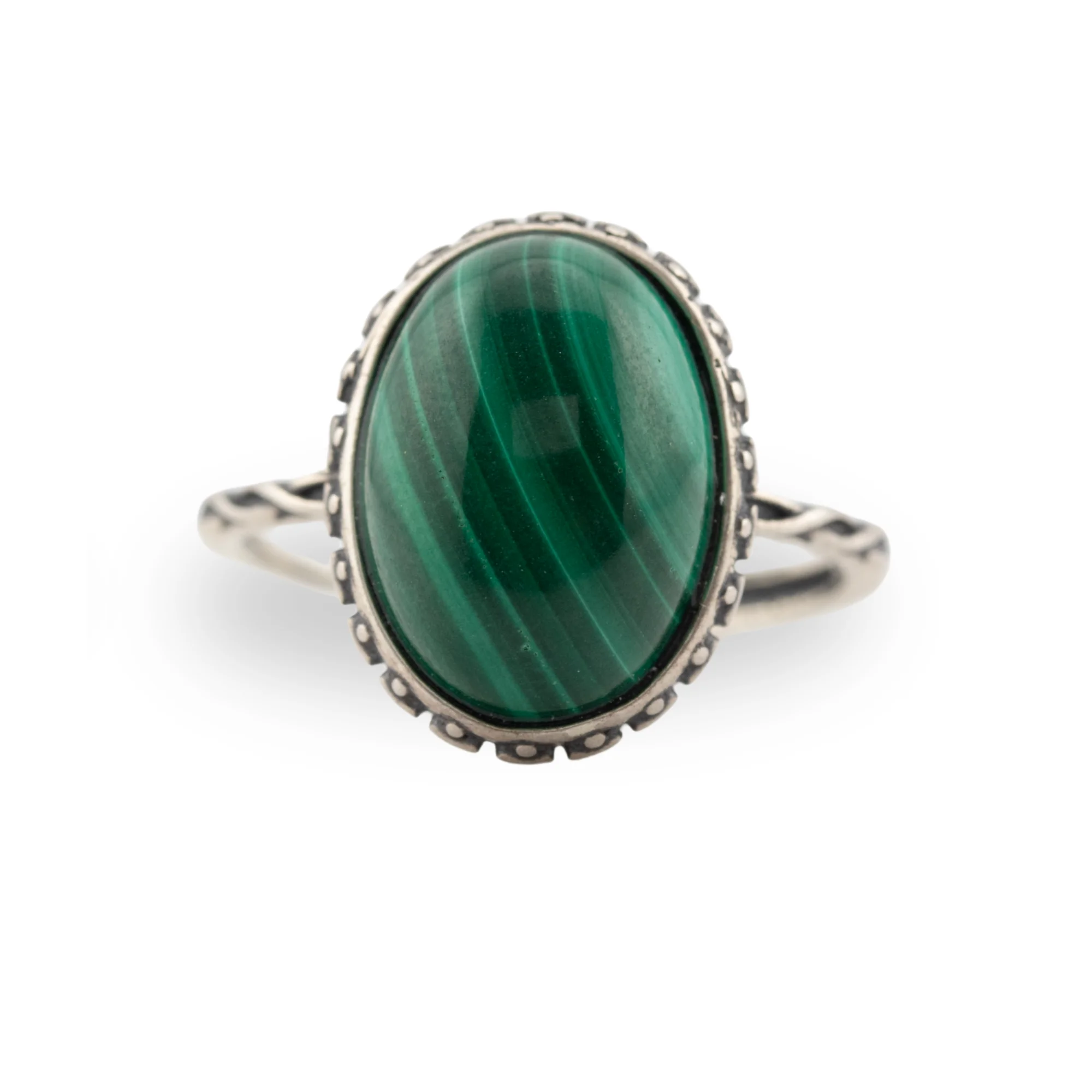 Malachite Regal Ring features a polished oval malachite cabochon framed by a beautifully detailed halo setting