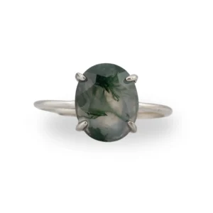Silver ring with moss agate stone held in claw design
