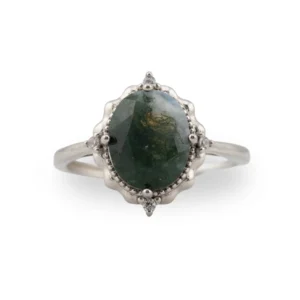 silver ring with Moss Agate stone in a solstice design