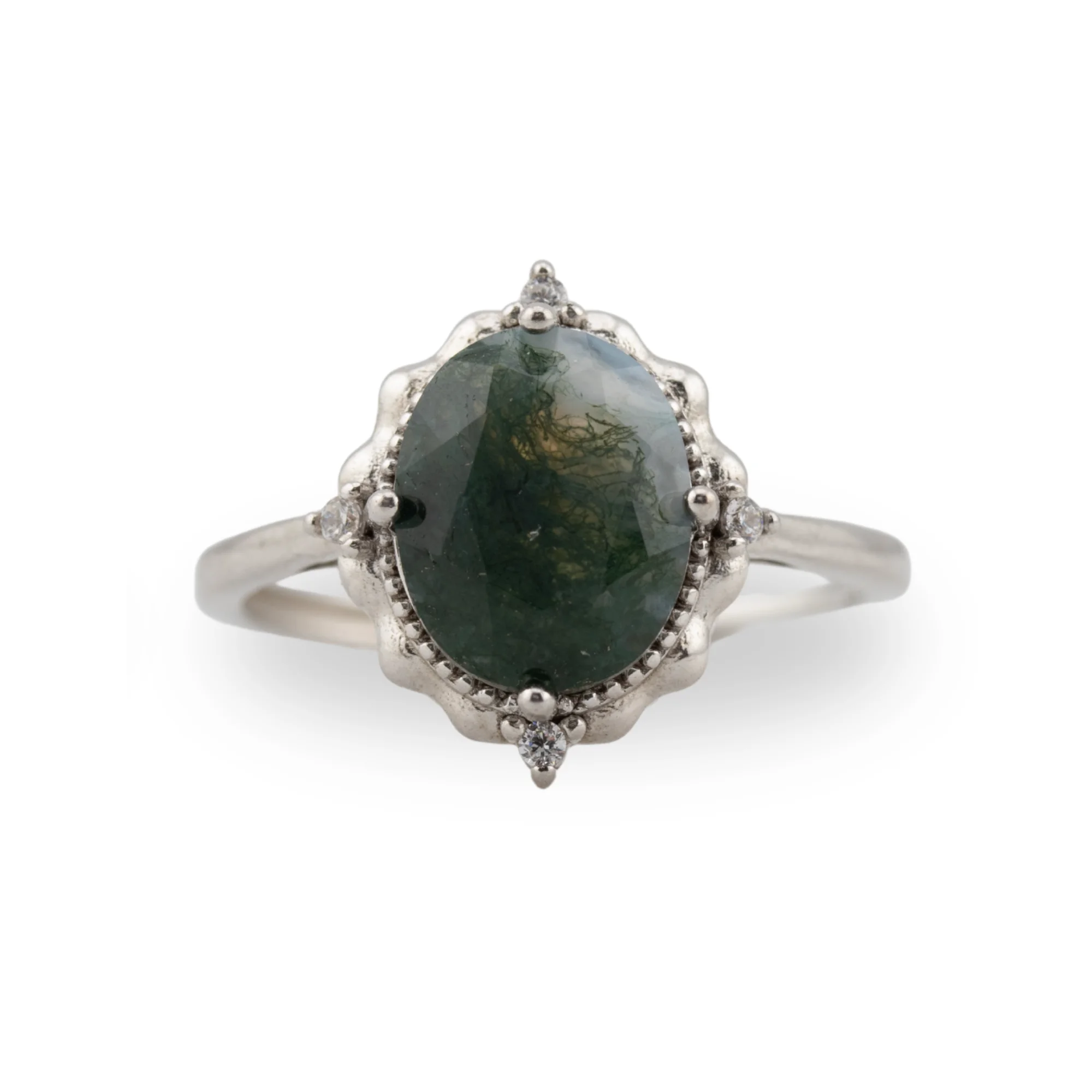 silver ring with Moss Agate stone in a solstice design