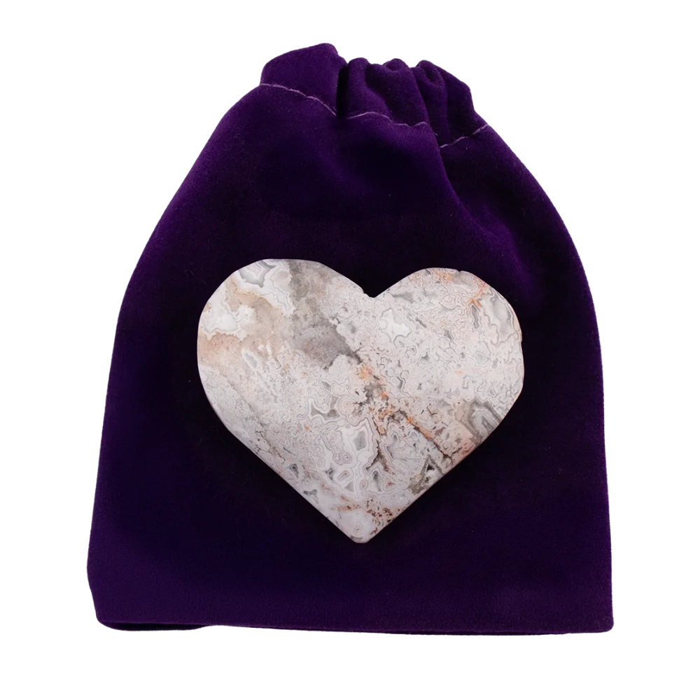 Crazy Lace Agate Heart on a purple velvet pouch