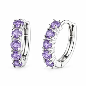 Pair of 925 sterling silver huggie hoop earrings set with natural purple Amethyst gemstones