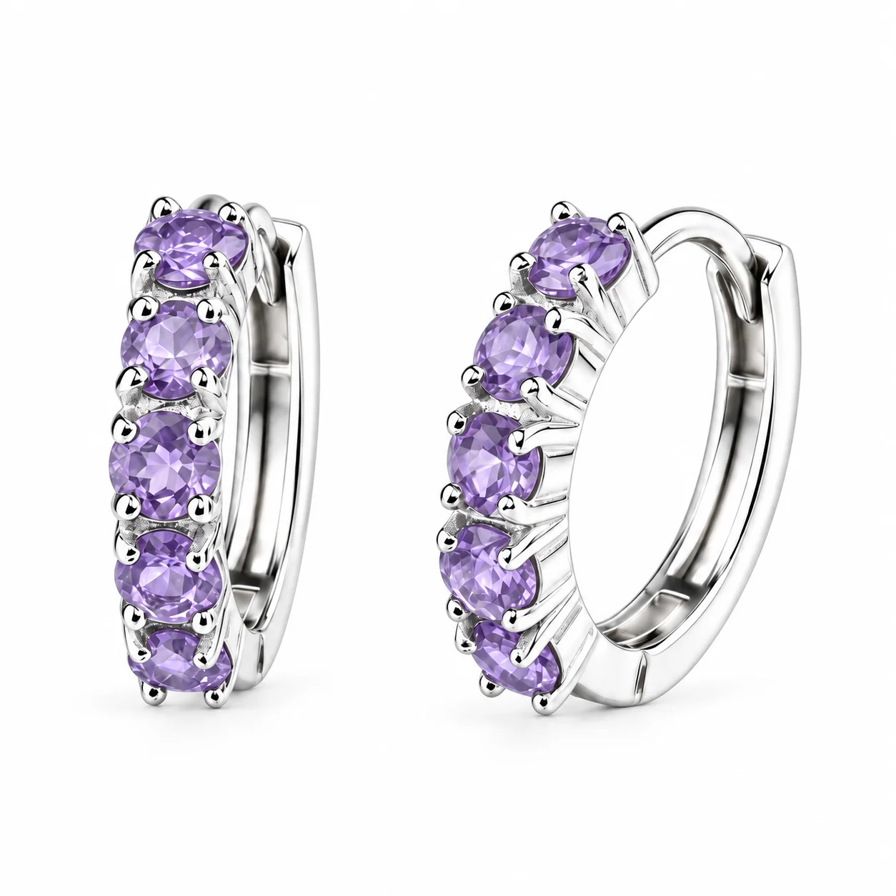 Pair of 925 sterling silver huggie hoop earrings set with natural purple Amethyst gemstones