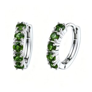 Pair of 925 sterling silver huggie hoop earrings set with natural green Diopside gemstones.