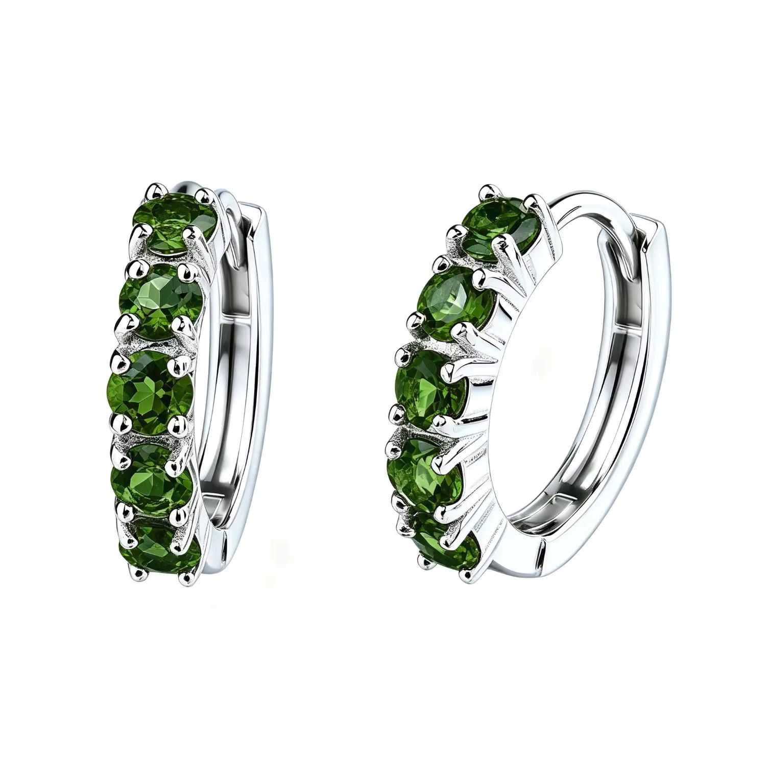 Pair of 925 sterling silver huggie hoop earrings set with natural green Diopside gemstones.
