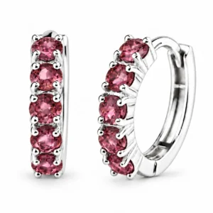Pair of 925 sterling silver huggie hoop earrings set with natural rosy-red Garnet gemstones.