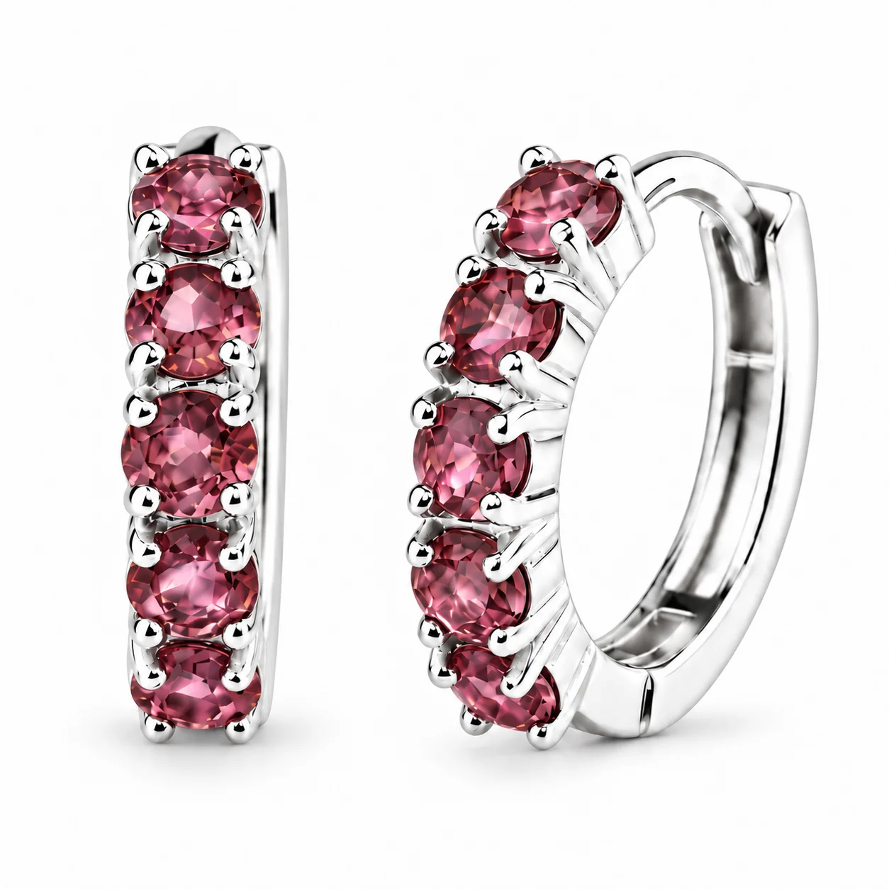 Pair of 925 sterling silver huggie hoop earrings set with natural rosy-red Garnet gemstones.
